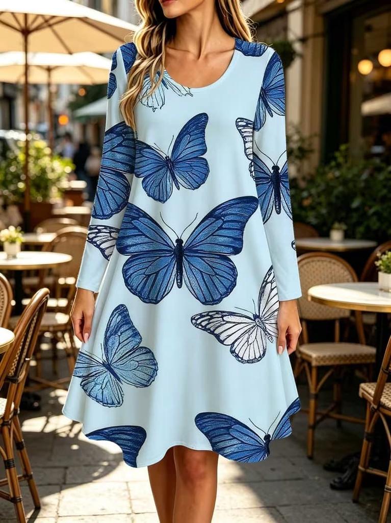 Spring Autumn Women Dress Casual Long Sleeve O-neck 3D Print Loose A-Line Dress Oversized Home Wear Robe