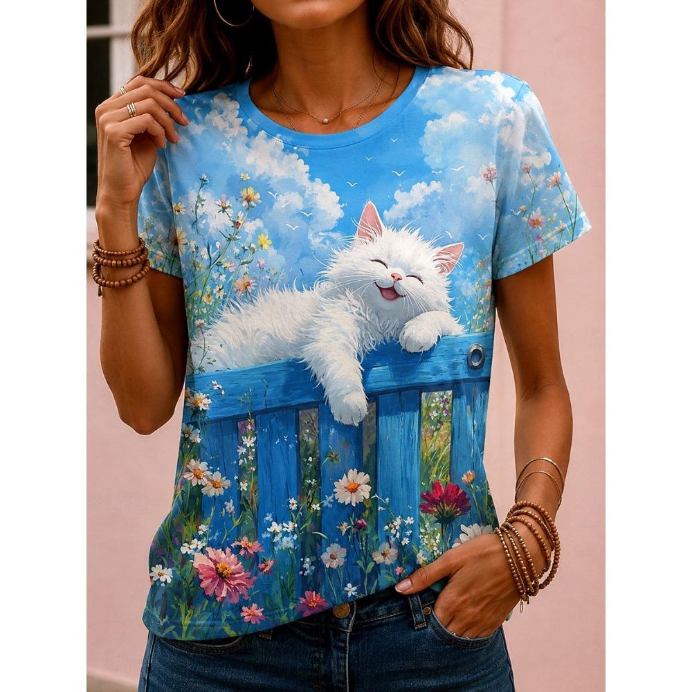 Women s Spring Summer 3D Printed Crew Neck T Shirt, Blue Sky Flower Fence Lazy White Cat Watercolor Print Casual Holiday 4XL
