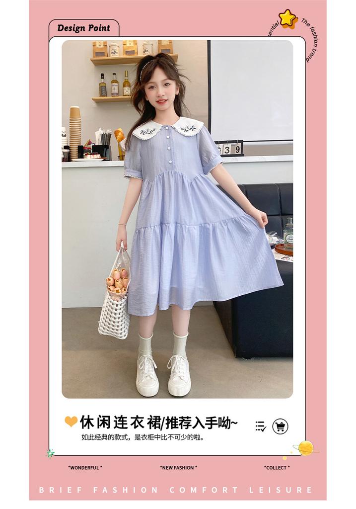 Girls' College Style Dress, Summer New Style, Stylish Doll Collar, Embroidered Mid Skirt, Princess Skirt, Short Sleeved, Medium To Long Style