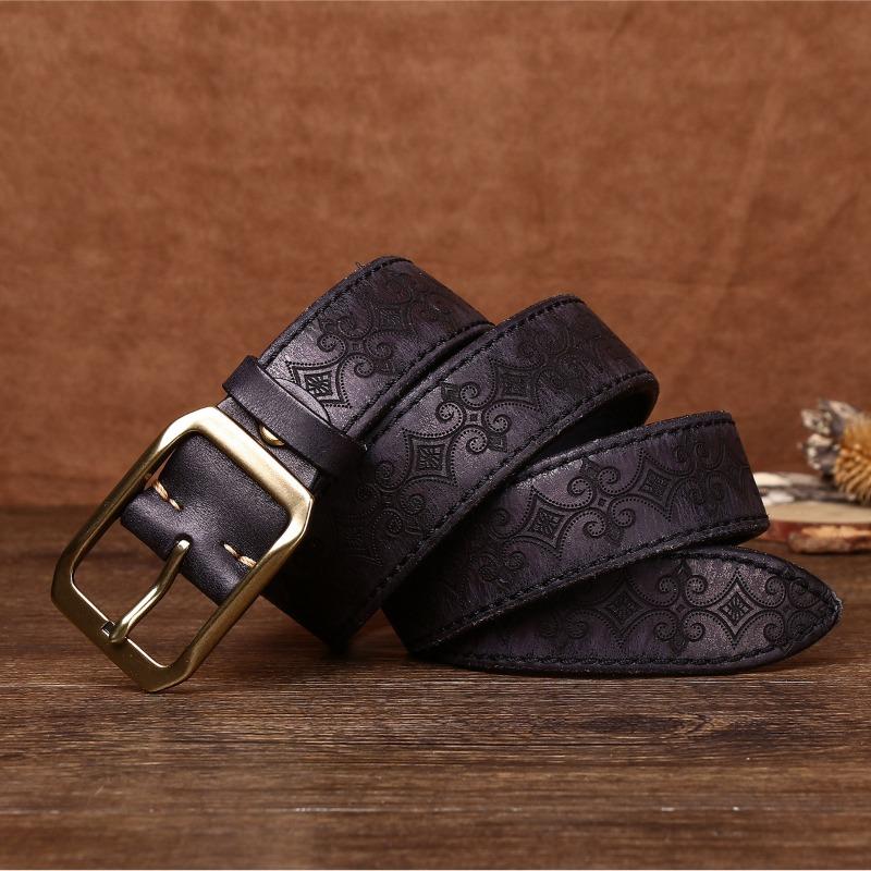 Belt Men's Copper Pin Buckle Thickened First Layer Cowhide Men's Genuine Leather Retro Engraved Export Belt Locomotive Men's Models