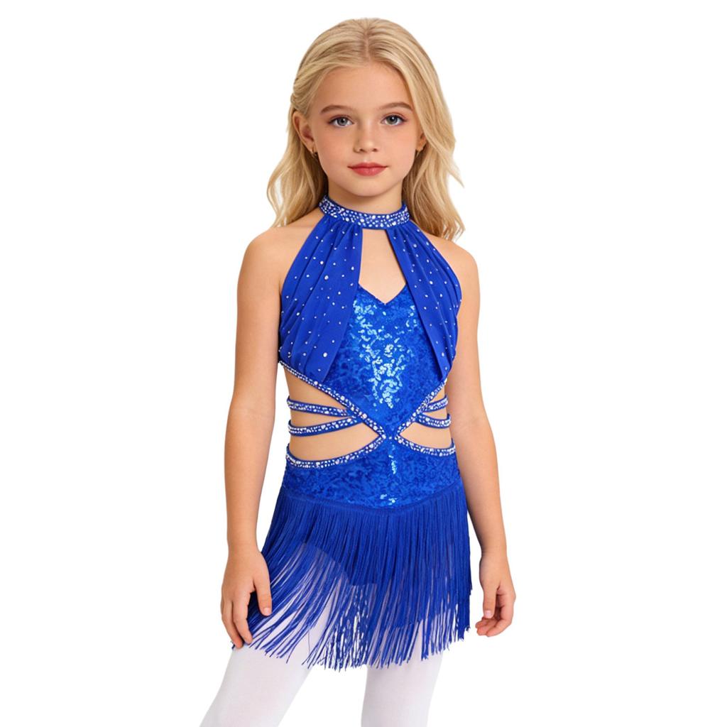Mädchen Funkelndes Strass Tanzkleid Ärmellos Raffierter Netz-Oberteil Ausgeschnitten Riemchen-Taille Leotard