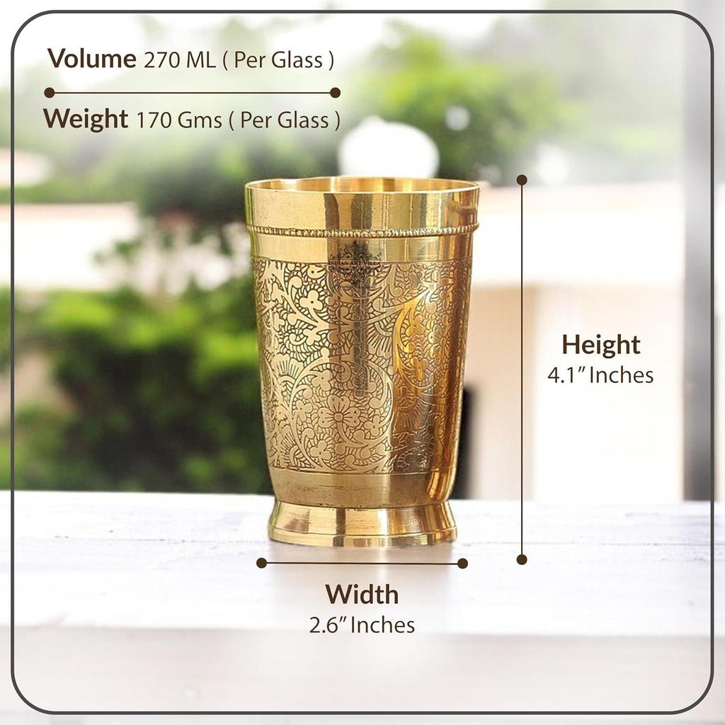 Pure Brass Glass Tumbler with Embossed Design, for Drinking Serving Water, Yoga & Ayurveda, Volume-270 ML, 1 Piece