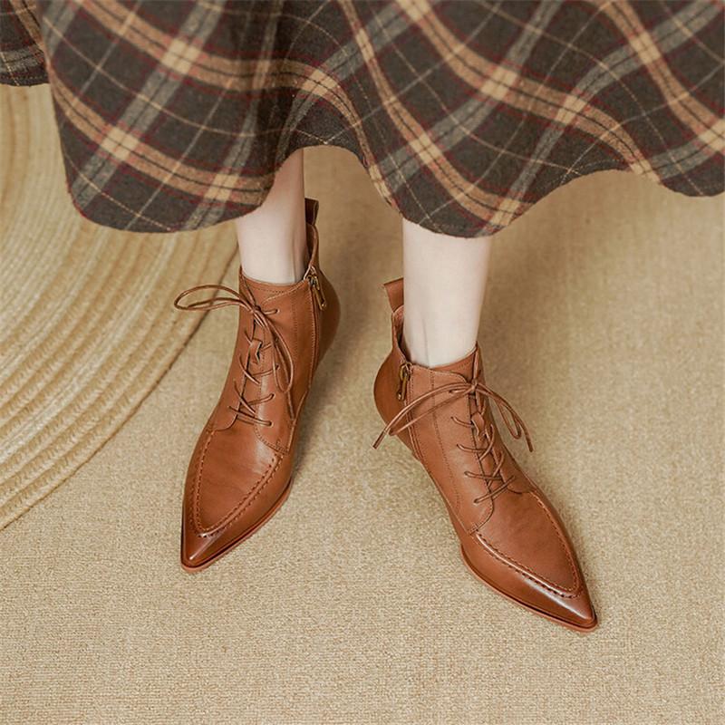 Fashion 2025 Autumn Winter Fashion Pointed Toe Women Shoes French Retro Genuine Leather Ankle Boots for Women Thin Heel Boots Shoe Women