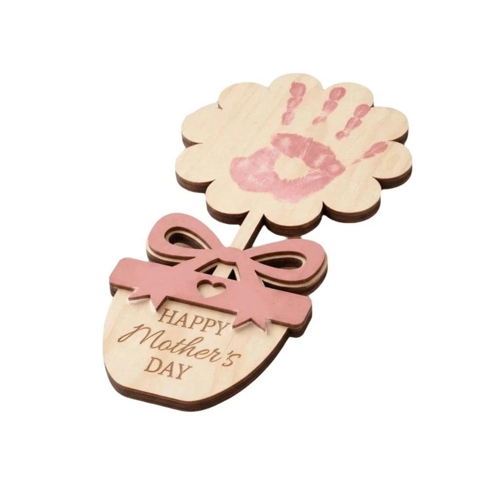 Hand Painted Mother's Day Plaque Ornament Mom Gifts DIY Handprint Sign Decoration 2D Flat Wooden Flower Craft Kids Learning