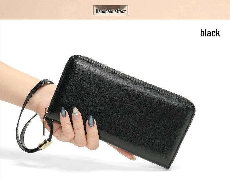 Women's Large Capacity Genuine Leather Wallet Clutch with Zipper Card Holder & Wrist Strap - Fashionable & Casual Style