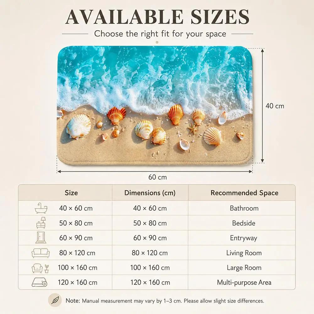 Ocean Waves Beach Shells Floor Mat Flannel Door Mat Non-Slip Washable Foam Entryway Rug for Bathroom Bedroom Entryway