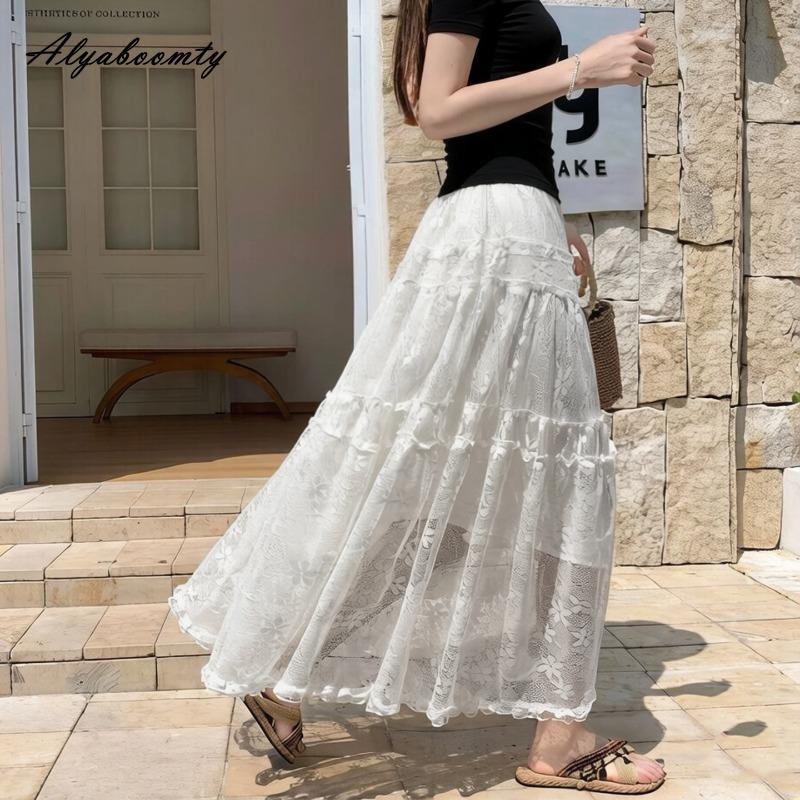 2026 Korean Fashion Spring Summer Women Midi Lace Skirt High Waist Black White Beige Floral Embroidery Skirt Elegant Feminine Tierred Skirts Womens