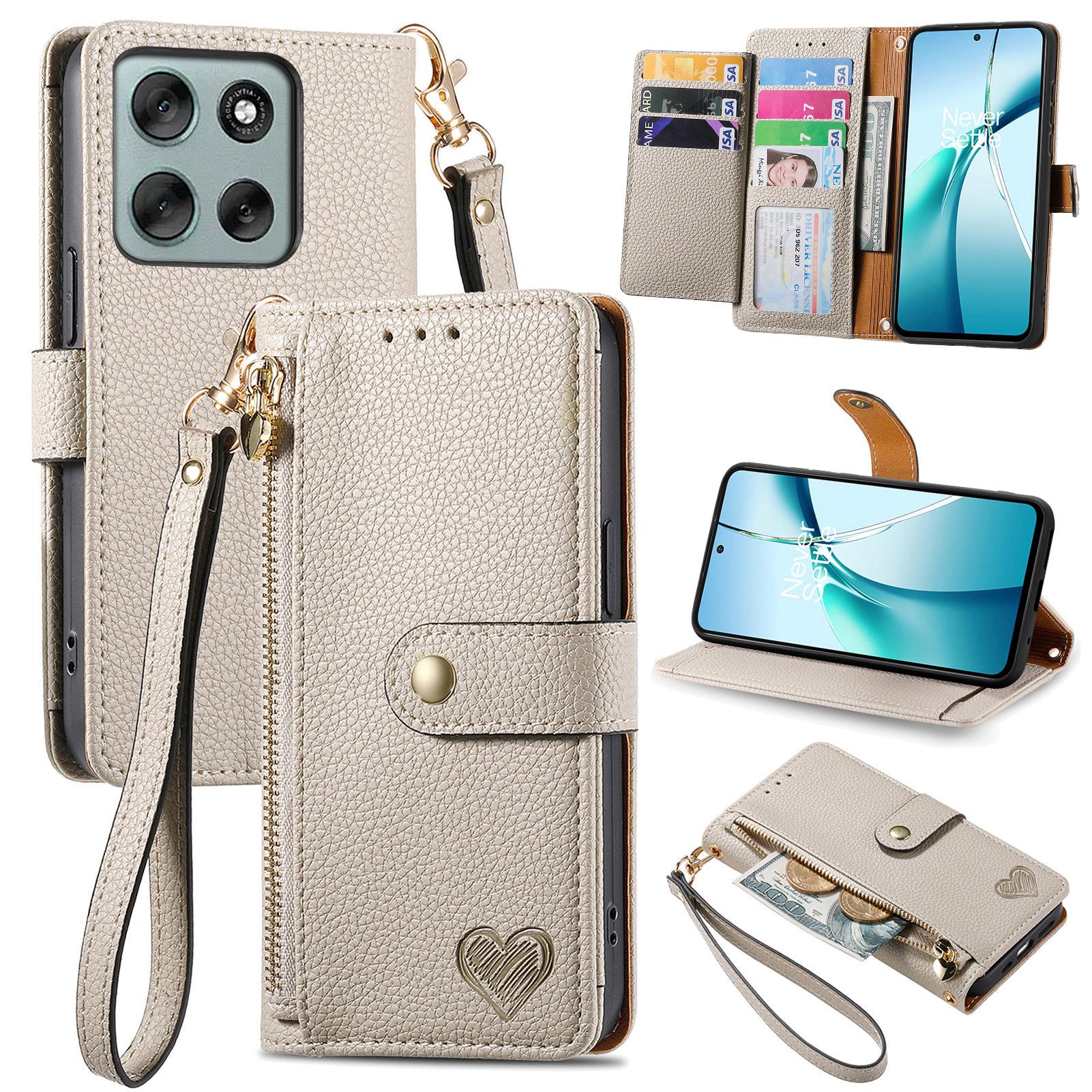 Для Motorola Moto G56 5G Чехол с RFID-блокировкой, карманом на молнии, кожаный кошелек, чехол для телефона с ремешком Grey