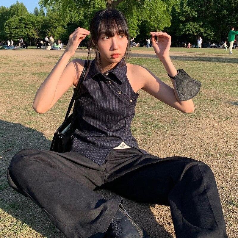 2023 Letní sexy tílka Y2k Tričko Streetwear Halter pro ženy Nepravidelná halenka s diagonální sponou, vesta, párty pro mládež 24819