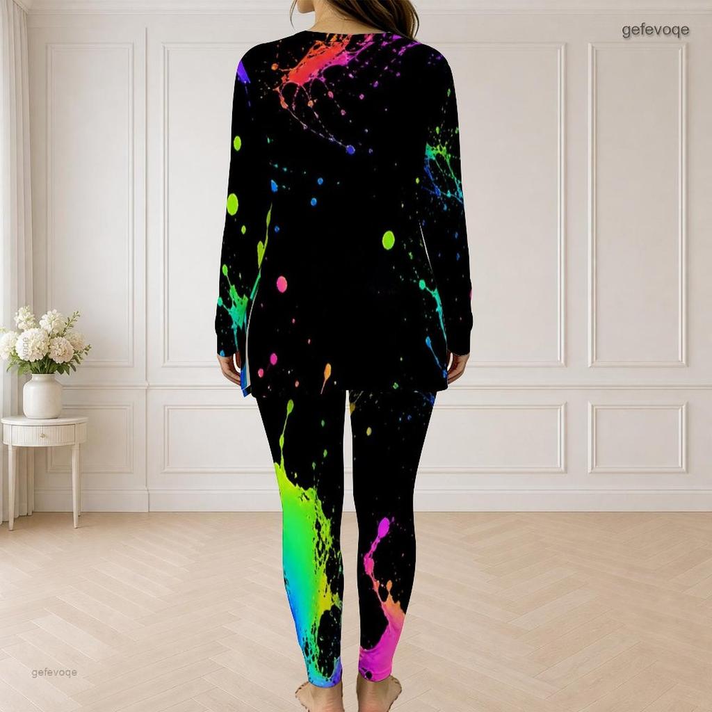 Women Plus Size Two Piece Set Half Zip Long Sleeve Galaxy Printed Top And Fitted Pants