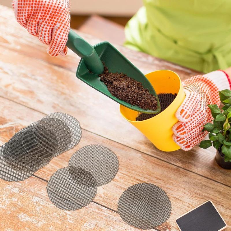 50 kusů Podložka pod květináč s otvory Kulatá síťka do odtokového otvoru proti ztrátě půdy Drenážní síťka pod rostliny Těsnění Zahradnické potřeby