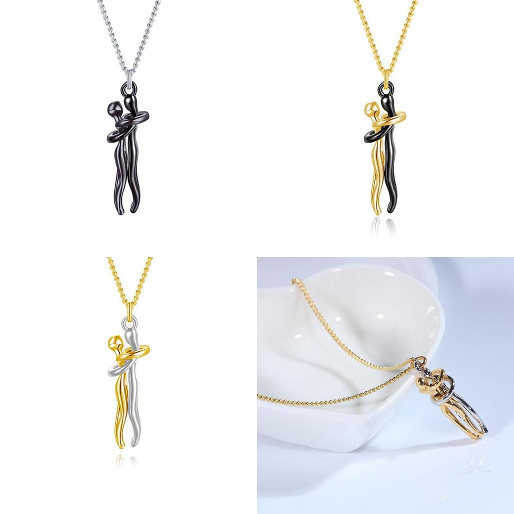 Romantic Couple Embrace Necklace Geometric Design 925 Silver Pendant Necklace