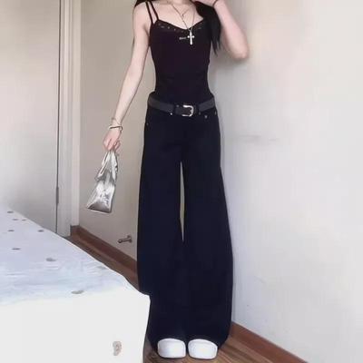 Women's High-End Retro Black Low-Waist Wide-Leg Casual Jeans for Summer