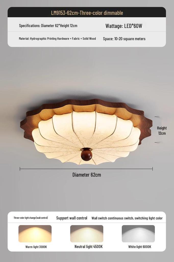 Walnut Wood Grain Wabi-Sabi Bedroom Ceiling Light, Retro Fabric Design, Atmospheric Eye Protection Fixture