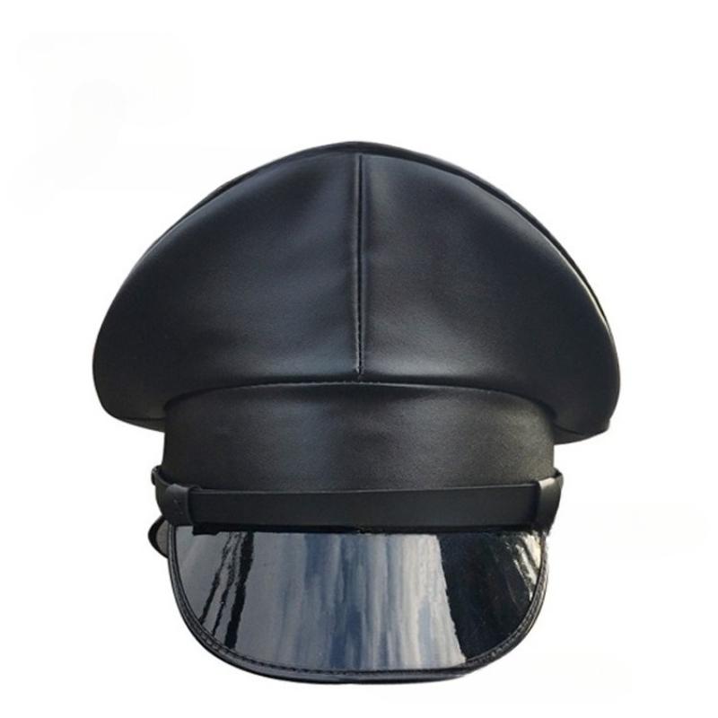 Neue Damen Herren Leder Militärhut Deutschland Offizier Schirmmütze Armeehut Rindenpolizei Kappe Cosplay Halloween Partyhut 57-61cm