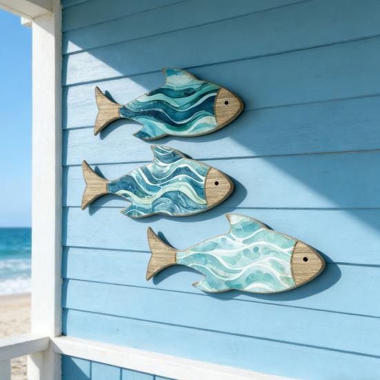 3 Pcs Wooden Fish Wall Decor Nautical Coastal Theme Wall Art Vintage Beach Blue Fish Wall Sculpture for Lake House Bathroom Bedroom Decor