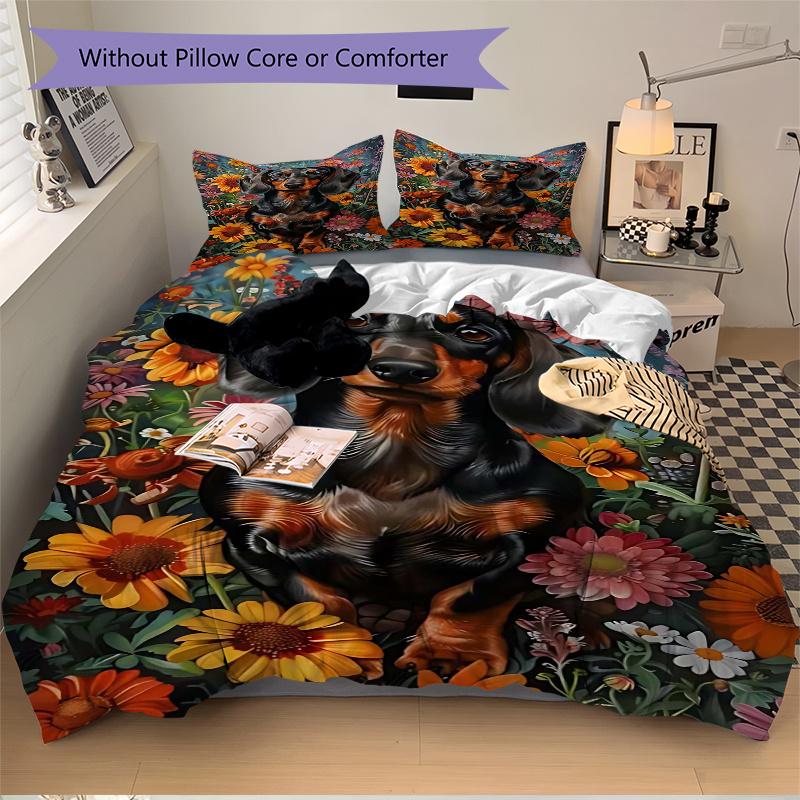 3pcs Dachshund Dog Floral Garden Bedding Set, Includes One Quilt Cover and Two Pillowcases (No Core), Anime Cartoon Design, Polyester Fabric