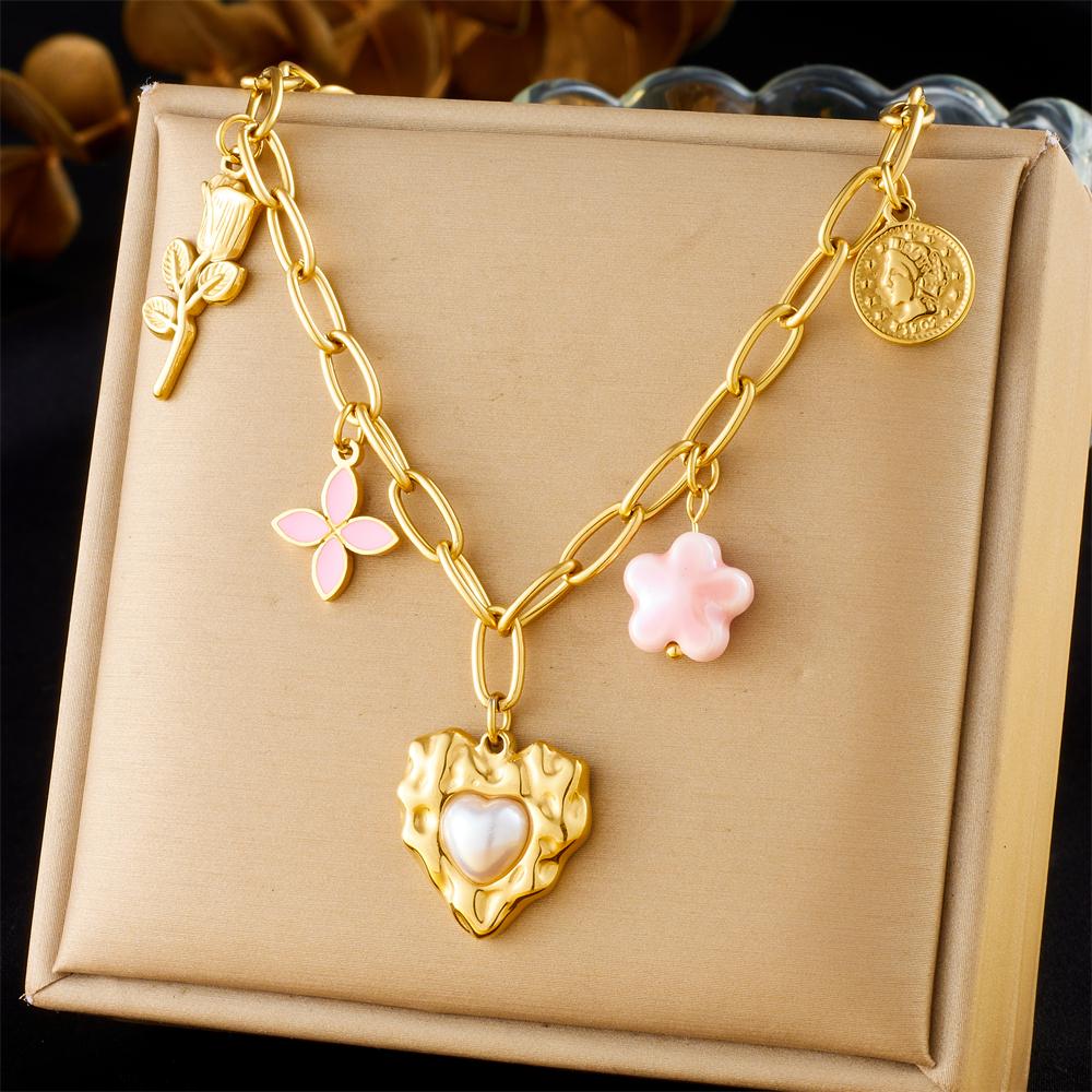 DIEYURO 316L Stainless Steel Pink Flower Rose Heart Pearl Pendant Necklace For Womens New Fashion Neck Chain Jewelry Gift