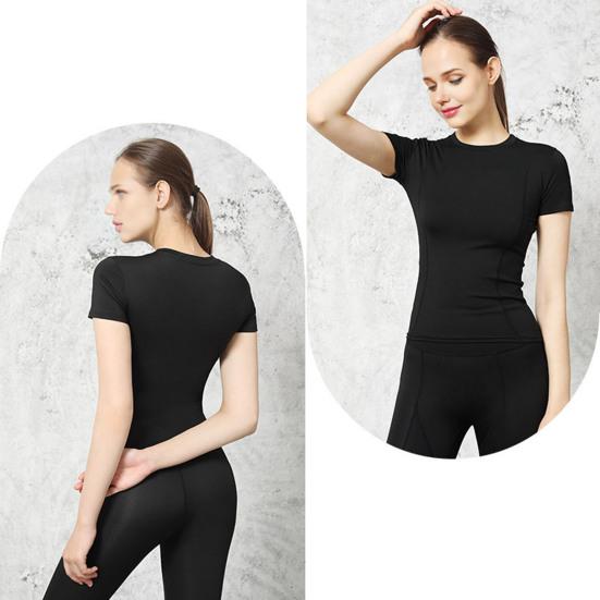 Women Sports Top Solid Color High Elastic Quick Drying Workout Shirt Short Sleeve Crew Neck Gym Apparel for Yoga Fitness