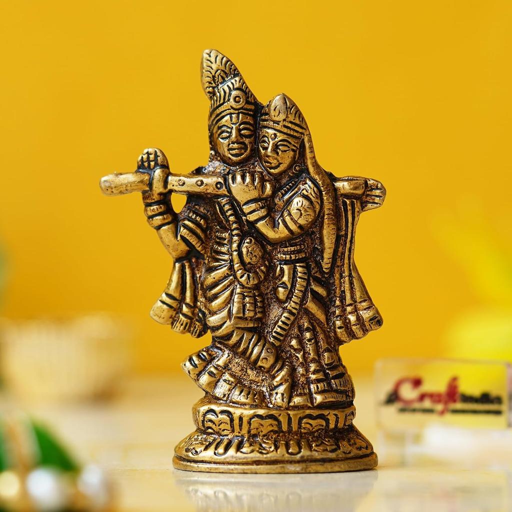 Golden Brass Radha Krishna Idol, God Goddess Statue Religious, Gold, Brass Murti