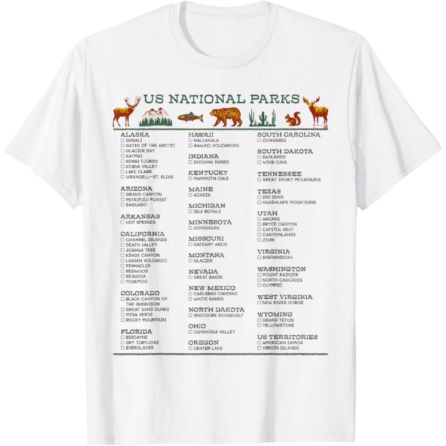 US National Parks List by State Check Off Checklist Souvenir T-Shirt XXXXXL белый