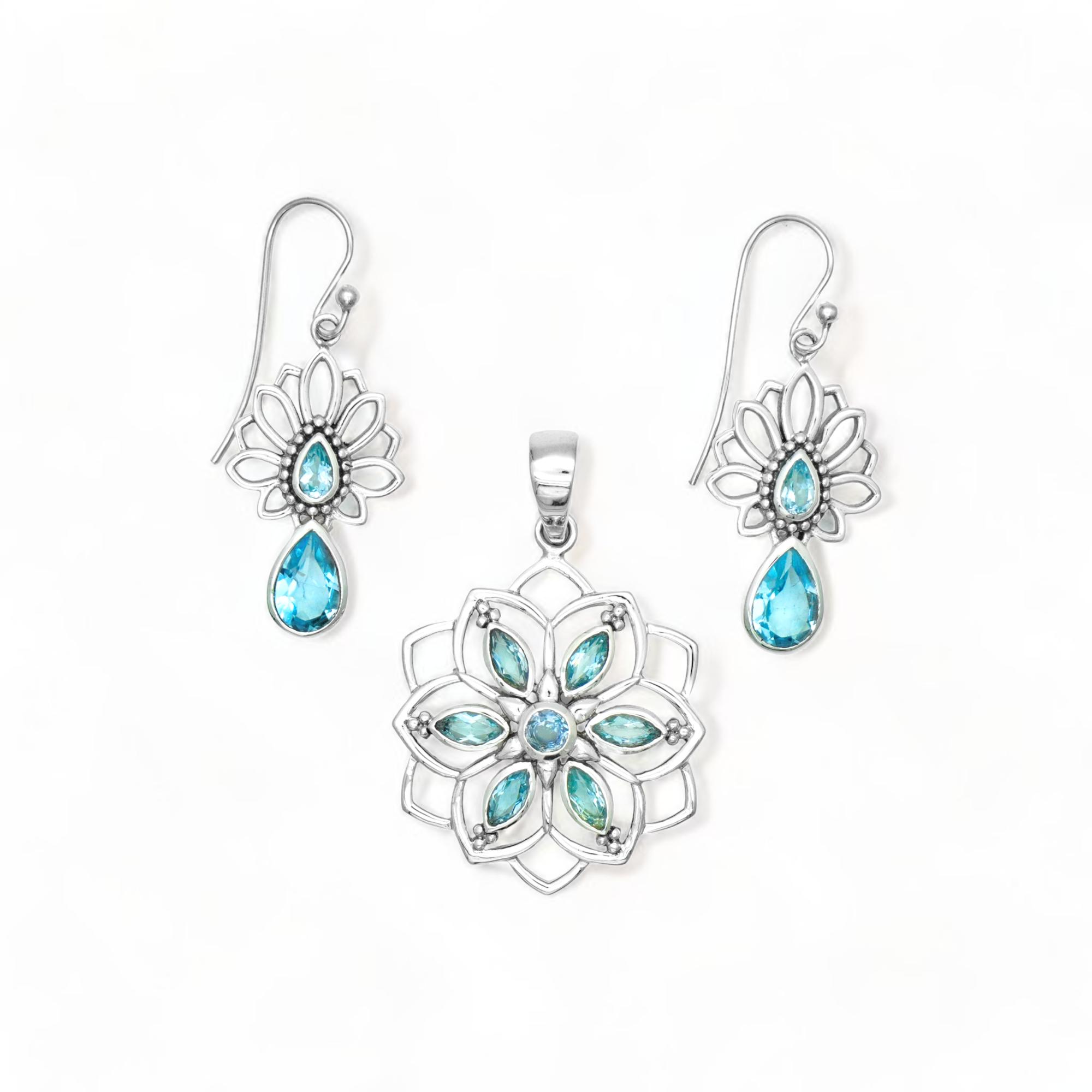 

Натуральний блакитний топаз набір ювелірних виробів з квіткою лотоса | Підвіска та сережки-підвіски зі стерлінгового срібла 925 проби | Авторський квітковий подарунок з дорогоцінним камінням