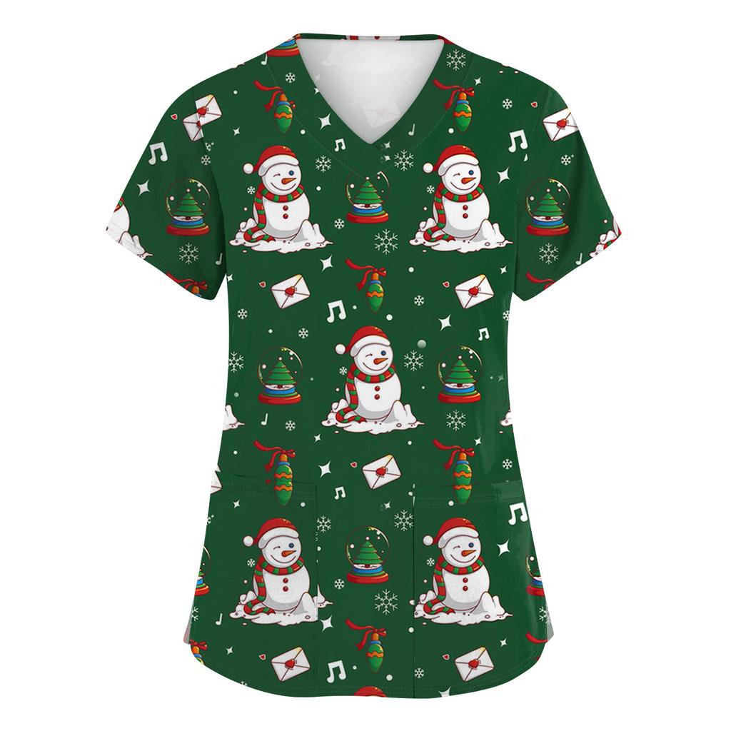 Women's Fashion Short Sleeve Christmas Print V-Neck Pocket Workwear Tops