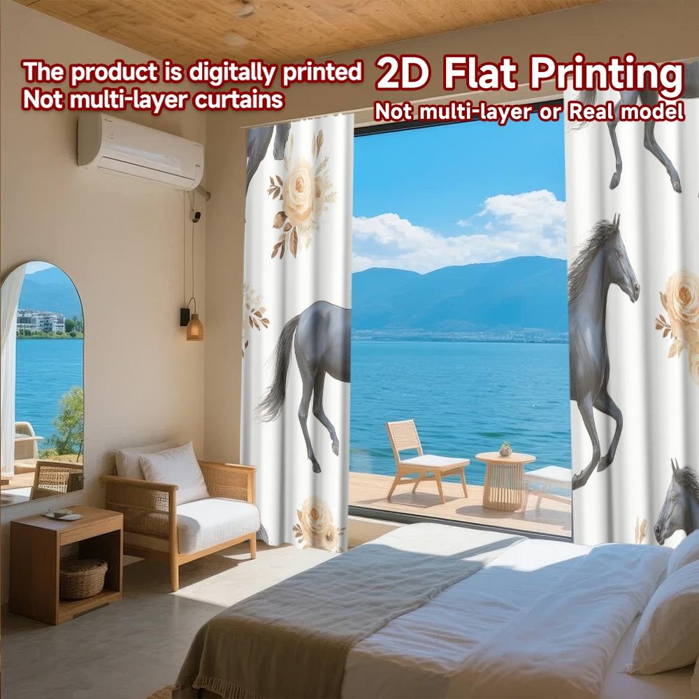 Flat Printing Curtains Without Rod Floral Horses Design Ramadan Festival Fashion Durable Polyester Fabric Curtain Set Of 2 Made Washable