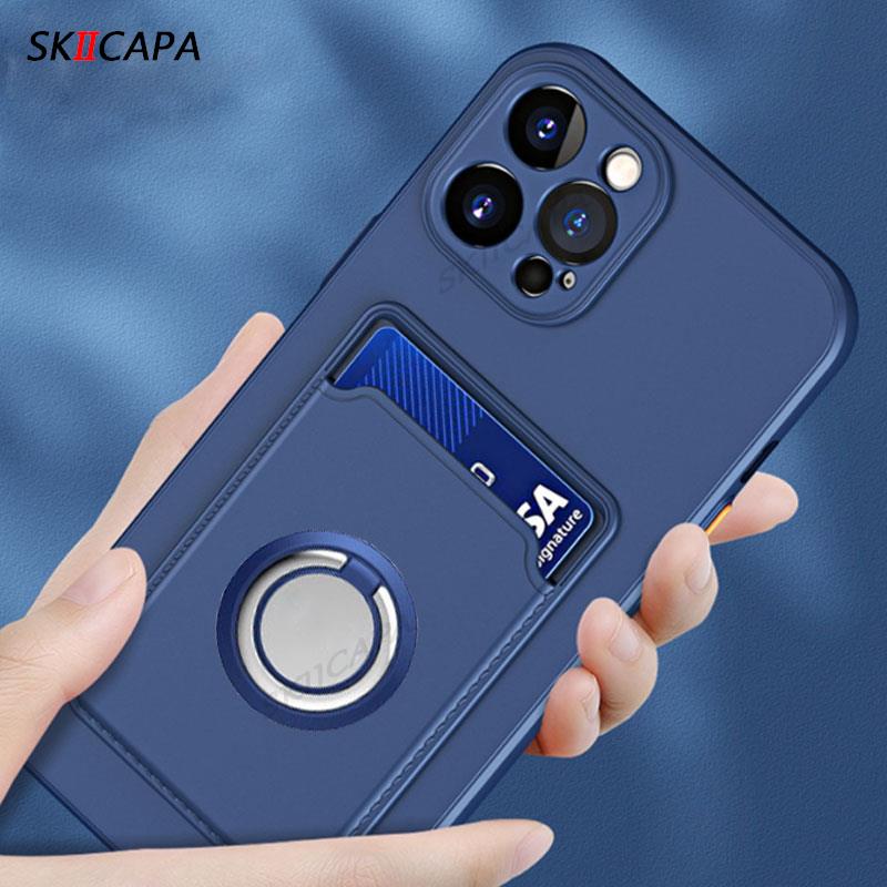 Wallet Card Slot Silicone Case For Iphone 14 13 Pro Max 12 Mini 11 Pro X XS MAX 7 8 Plus Solid Color Magnetic Ring Holder Cover