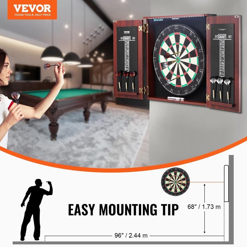 VEVOR Dartboard and Cabinet Set, Ready-to-Play Bundle Official Size Dartboard Cabinet, Steel Tip Dart Hideaway Cabinet, Features LED Light