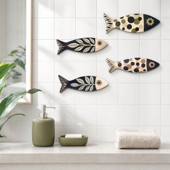 4Pcs Wooden Fish Wall Decor, Rustic Farmhouse Ocean Fish Wall Art, Vintage Beach Nautical Coastal Theme Fish Decor for Home Lake Ocean Bathroom