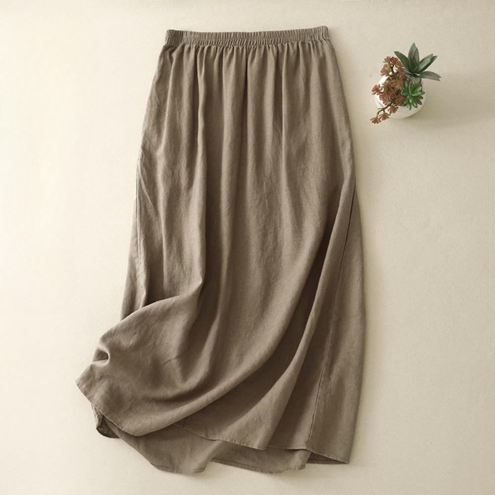 Women's Elastic Waist Midi Skirt Loose Fit A-Line Skirt Vintage Solid Color Linen Skirt Casual Mid Length Skirt