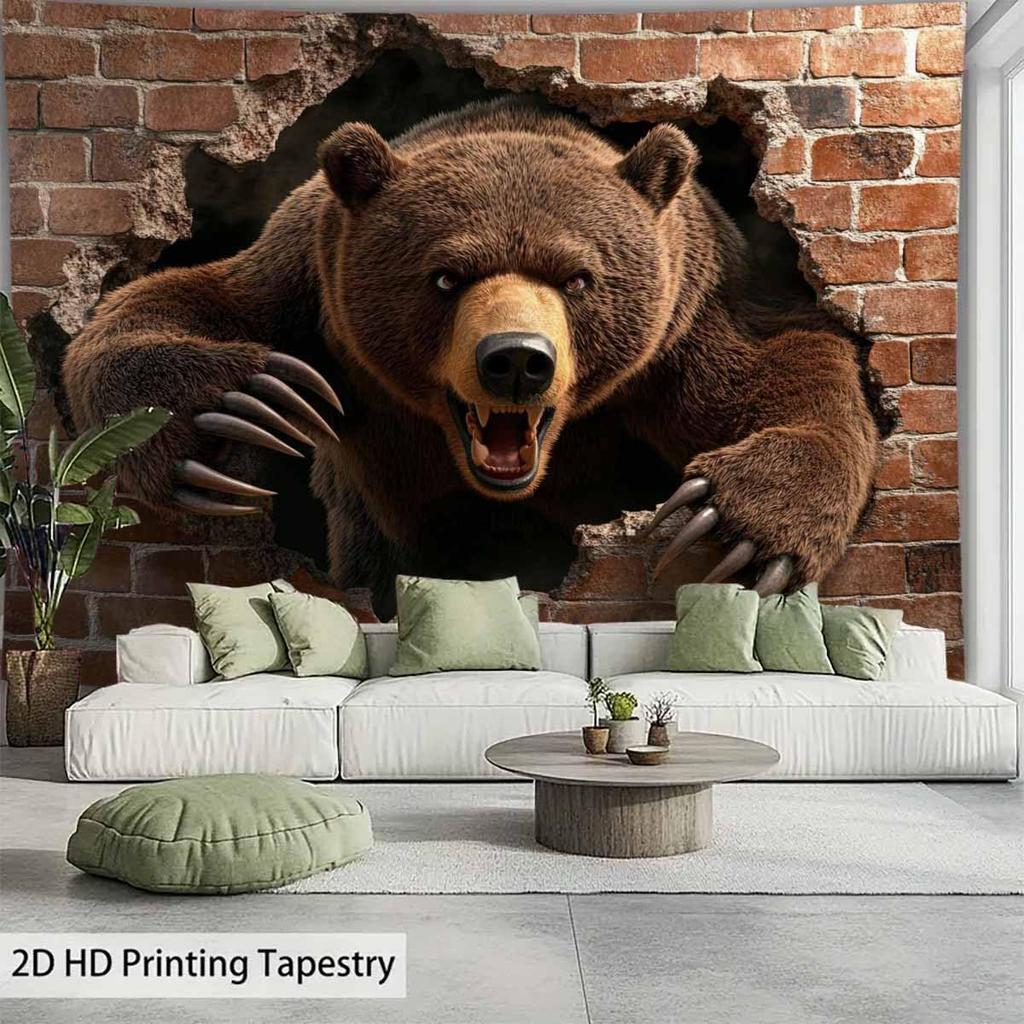 3D Fierce Bear Breakthrough Wall Art Tapestry, Aggressive Powerful Animal Print Poster Wide Wall Hanging For Bedroom Living Room