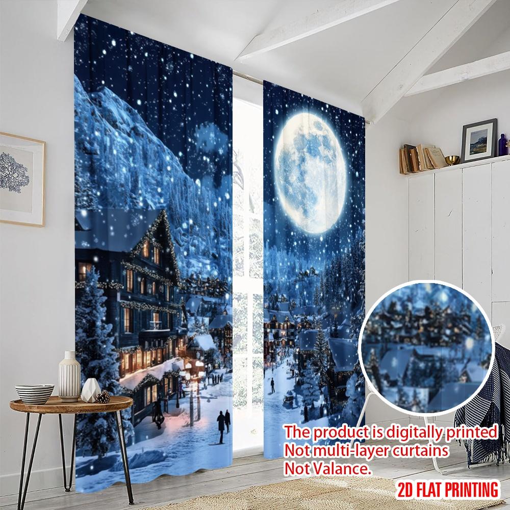 2pcs,2D Plane Printing Popular Curtains Winter Moonlit Village Polyester (without Rod) Decorations Outdoor for Living Room and