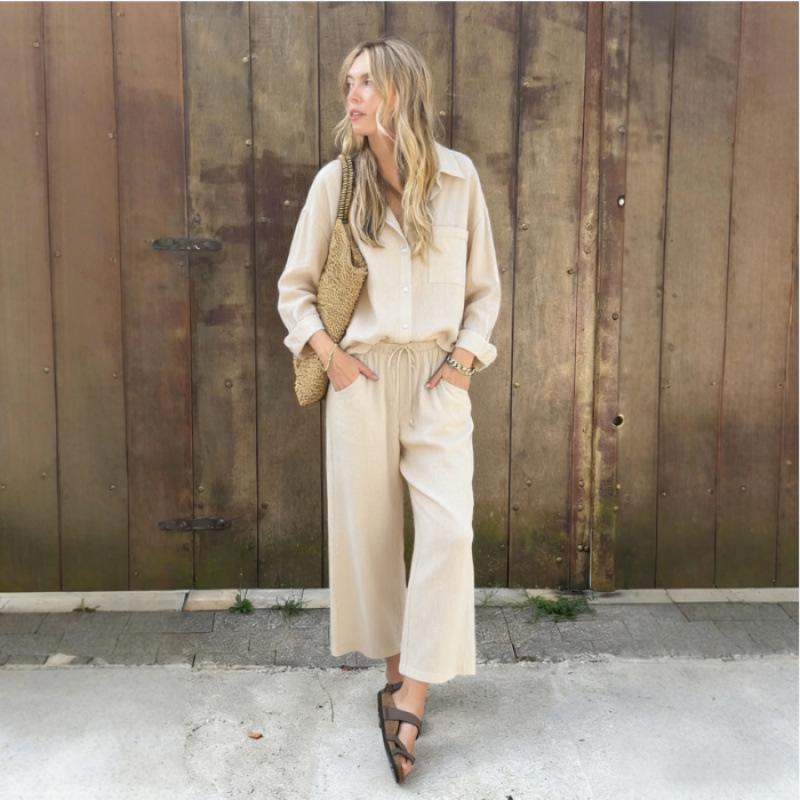 

Spring Fashion Women s Plus Size Two-Piece Set: Linen-Like High-Waisted Loose Long Pants with Shirt XXXL хакі