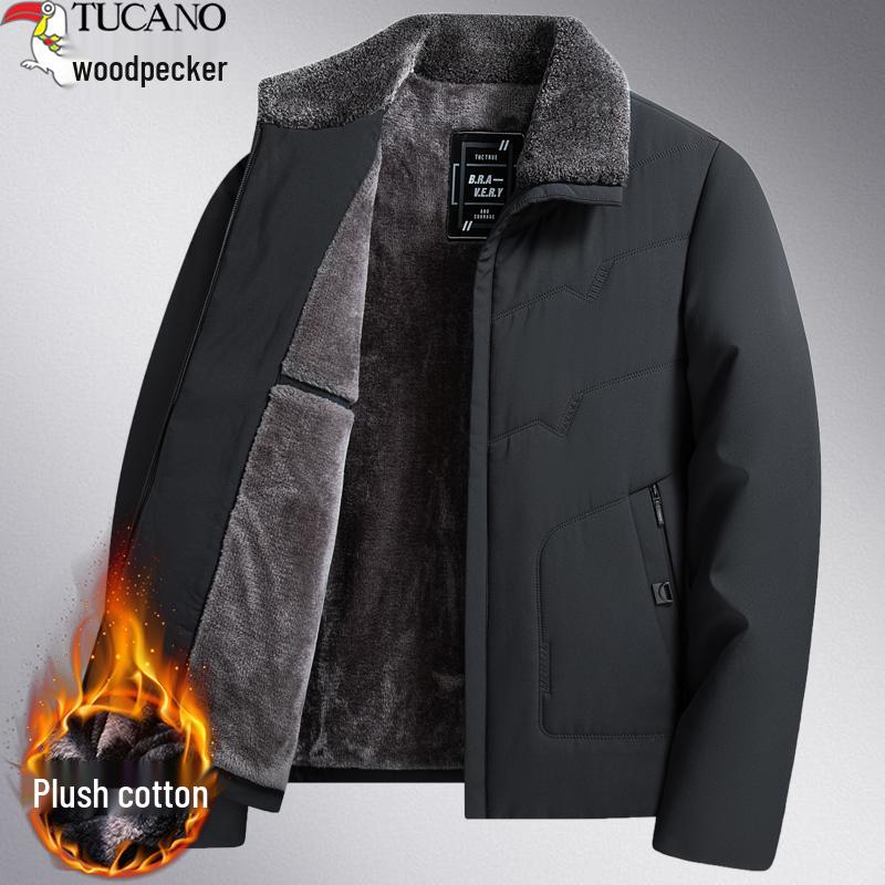 Woodpecker Men's Fleece-Lined Winter Jacket: Thick, Cotton-Padded, Cold-Proof Coat for Middle-Aged and Elderly.