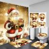 4Pcs Christmas Gift Bathroom with Santa Claus Shower Curtain Set with Non-Slip Bath Mat, Toilet Lid Cover, Contour Rug & 12 Hooks, Bathroom Decor