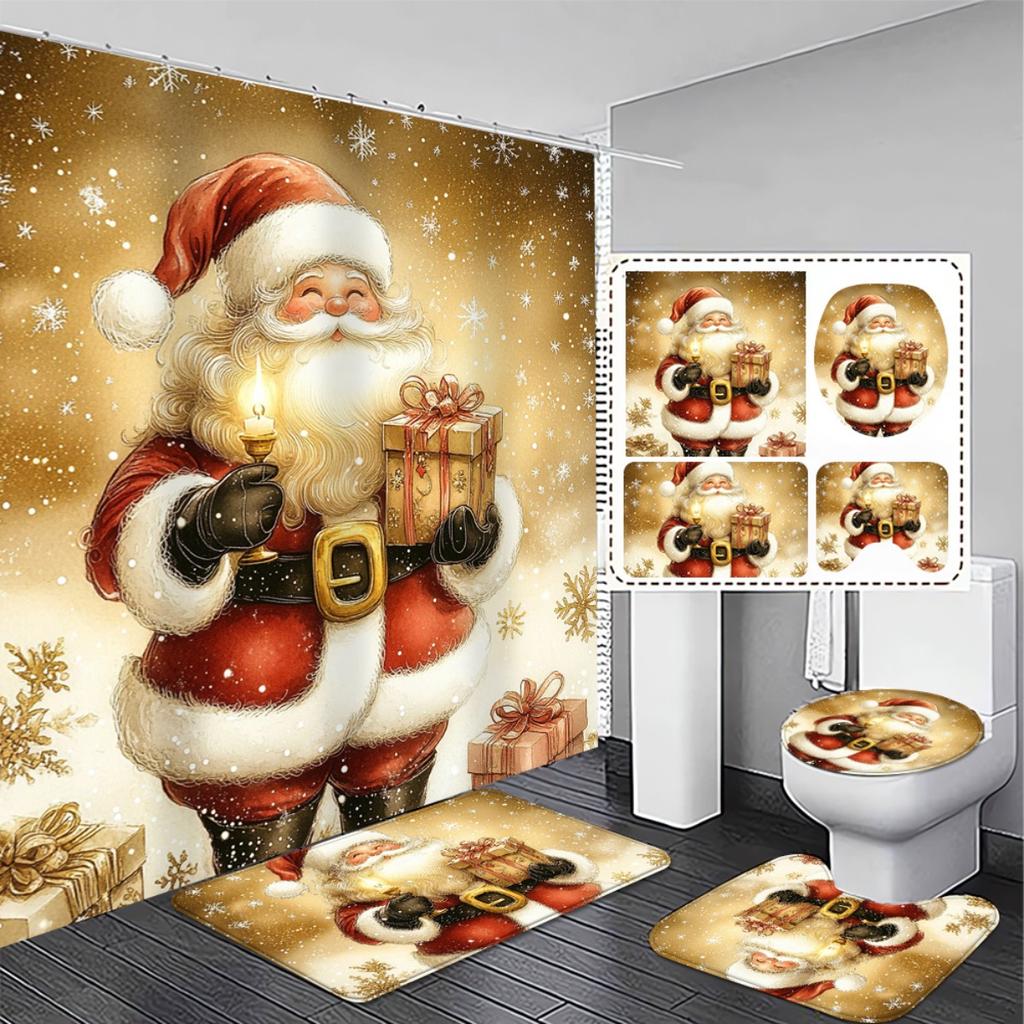 4Pcs Christmas Gift Bathroom with Santa Claus Shower Curtain Set with Non-Slip Bath Mat, Toilet Lid Cover, Contour Rug & 12 Hooks, Bathroom Decor