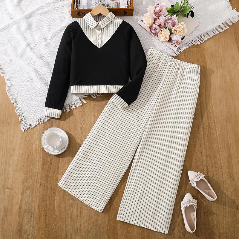 

Girls Fashionable Outfit: Spring/Autumn Children s Casual Long-sleeved Top and Casual Striped Wide-leg Pants Set 130cm=8Y чёрный