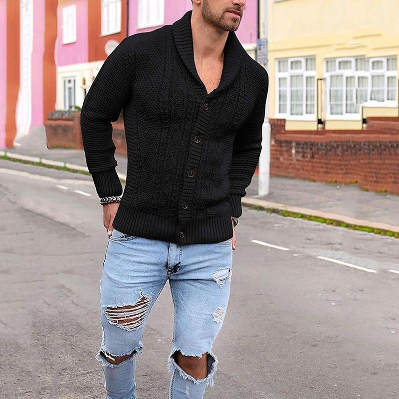 Men's Solid Color Button-Up Long Sleeve Knitted Sweater