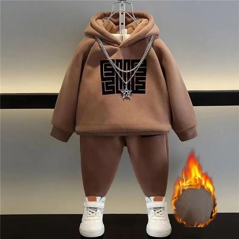 Children Winter Plus Velvet Warm Pullover Tops+Pants 2pcs Set Boys Girls Cotton Sweatshirts Sports Casual Clothes Suit 3-12Y