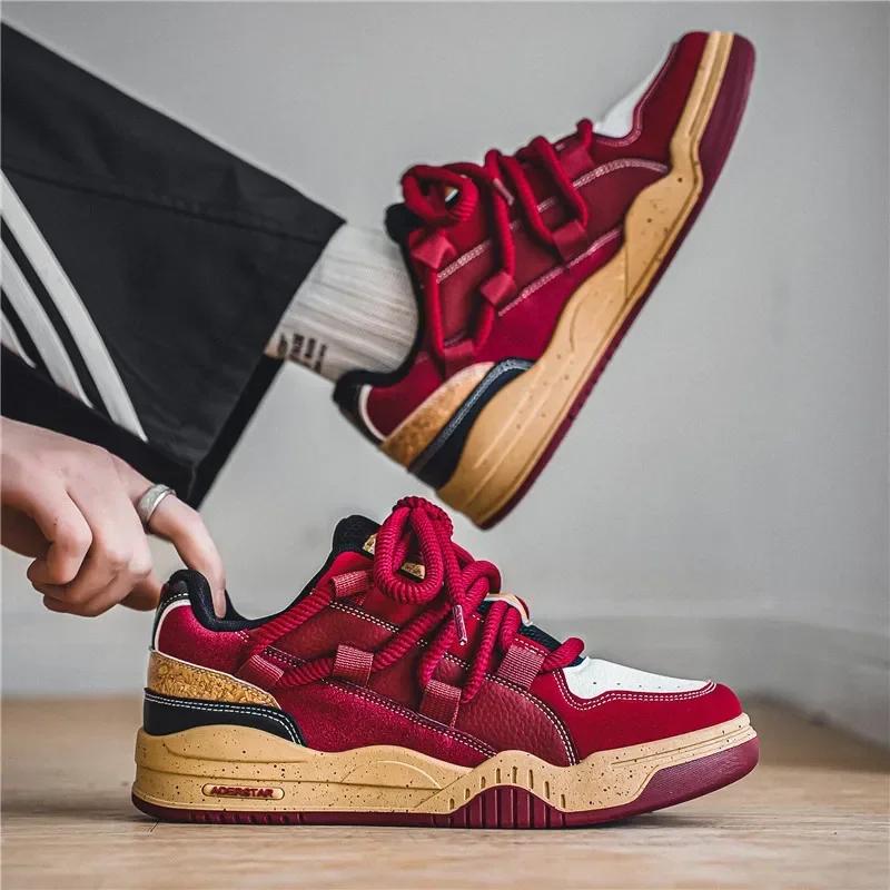 Men Shoes Spring New Design Wine Red Skateboard Shoes Fashion Trendy Casual Sneakers Lace Up Platform Vulcanized Shoes 2025