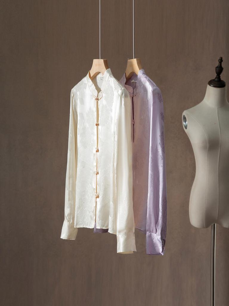 Women's 100% Mulberry Silk Floral Jacquard Shirt with Stand Collar and Frog Button, Long Sleeve Spring Top