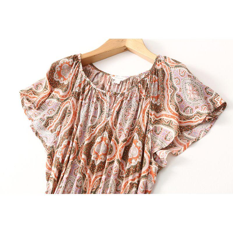 Foreign Trade Export French style Ethnic Style Print Pleat Cotton Silk Dress Women Summer Short sleeve Lace-up Rayon Long dress