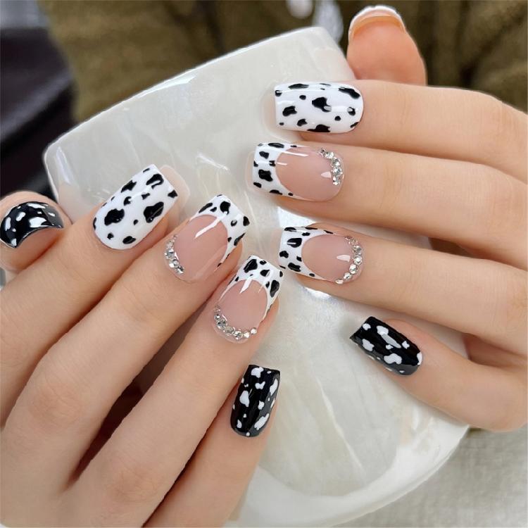 24pcs Medium Length French Leopard Acrylic Nail Art With Rhinestones Full Cover False Nail For Parties And Social Event