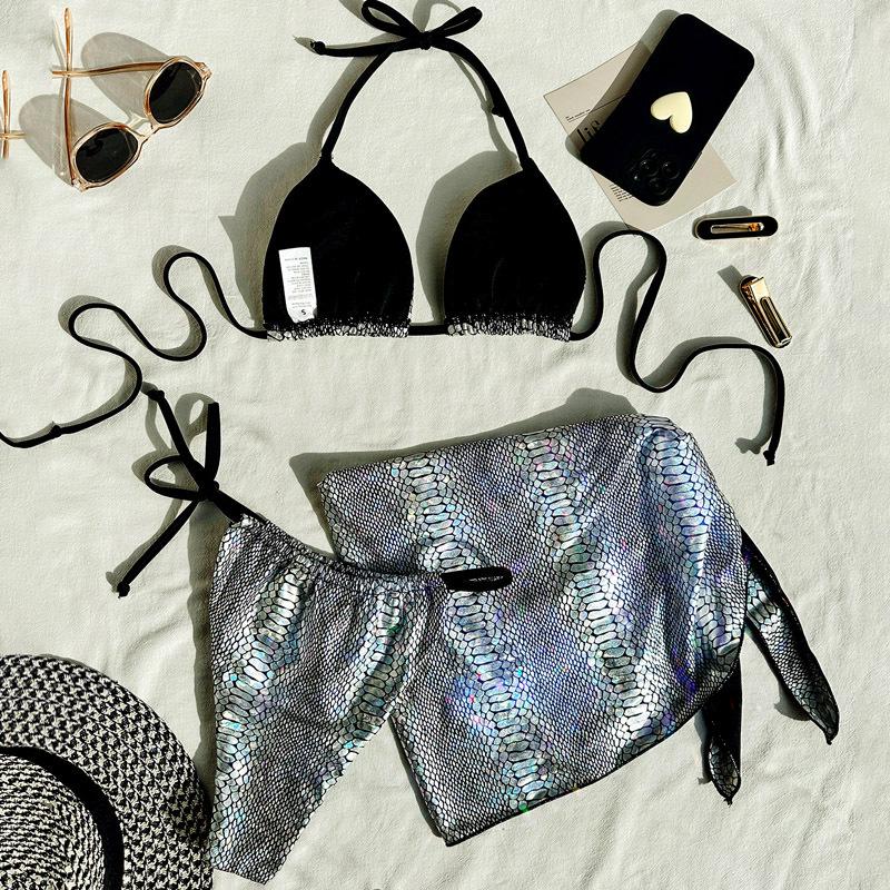 2024 Sexy European & American Three-Piece Bikini: Hot Stamping Skirted Swimsuit