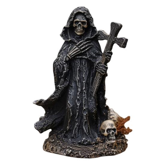 Grim Reaper Statue Halloween Black Horror Robe Sculpture Gothic Resin Santa Muerte Figurine for Halloween Indoor Bookshelf Desk Decor