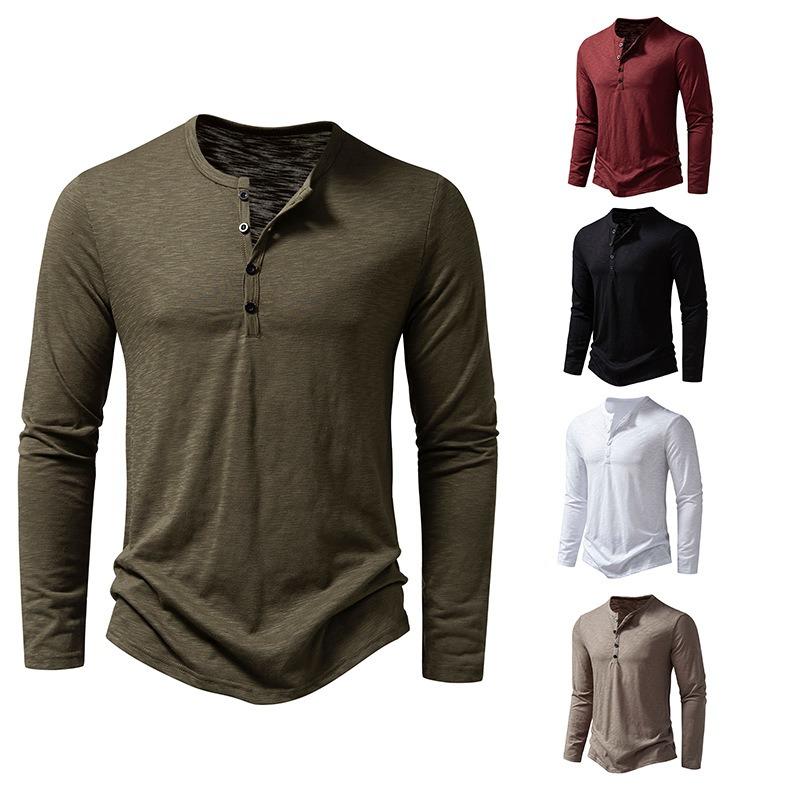 Mens Loose Slub Cotton Henley Collar Long Sleeve Casual T Shirt