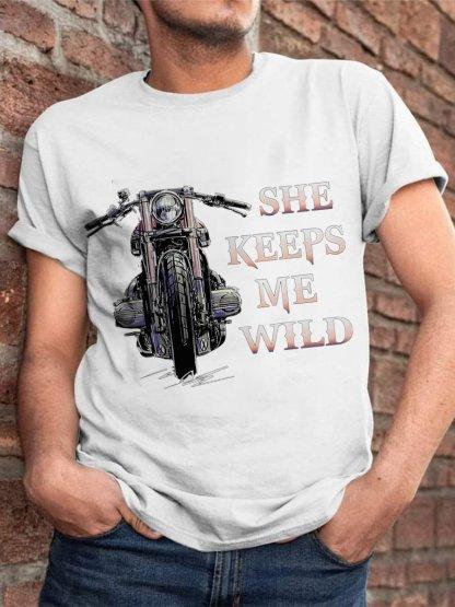Couple Motorcycle She Keeps Me Wild Graphic Unisexs Short Sleeve Tshirt