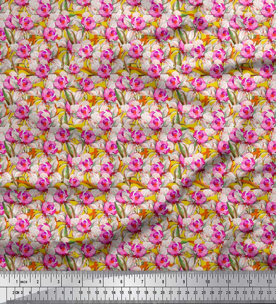 

Тканина для рукоділля Soimoi Blue Japan Crepe Satin Leaves & Daffodil Floral Printed Тканина для рукоділля на метри 42 дюйма 42 Inch Wide - Poly Crepe жовтий